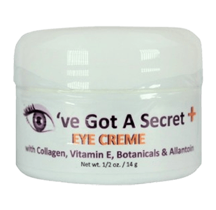 A Sleek Jar of Eye Cream Labeled “I’ve Got a Secret” Sits on a Vanity, Surrounded by Soft Lighting and Elegant Decor.